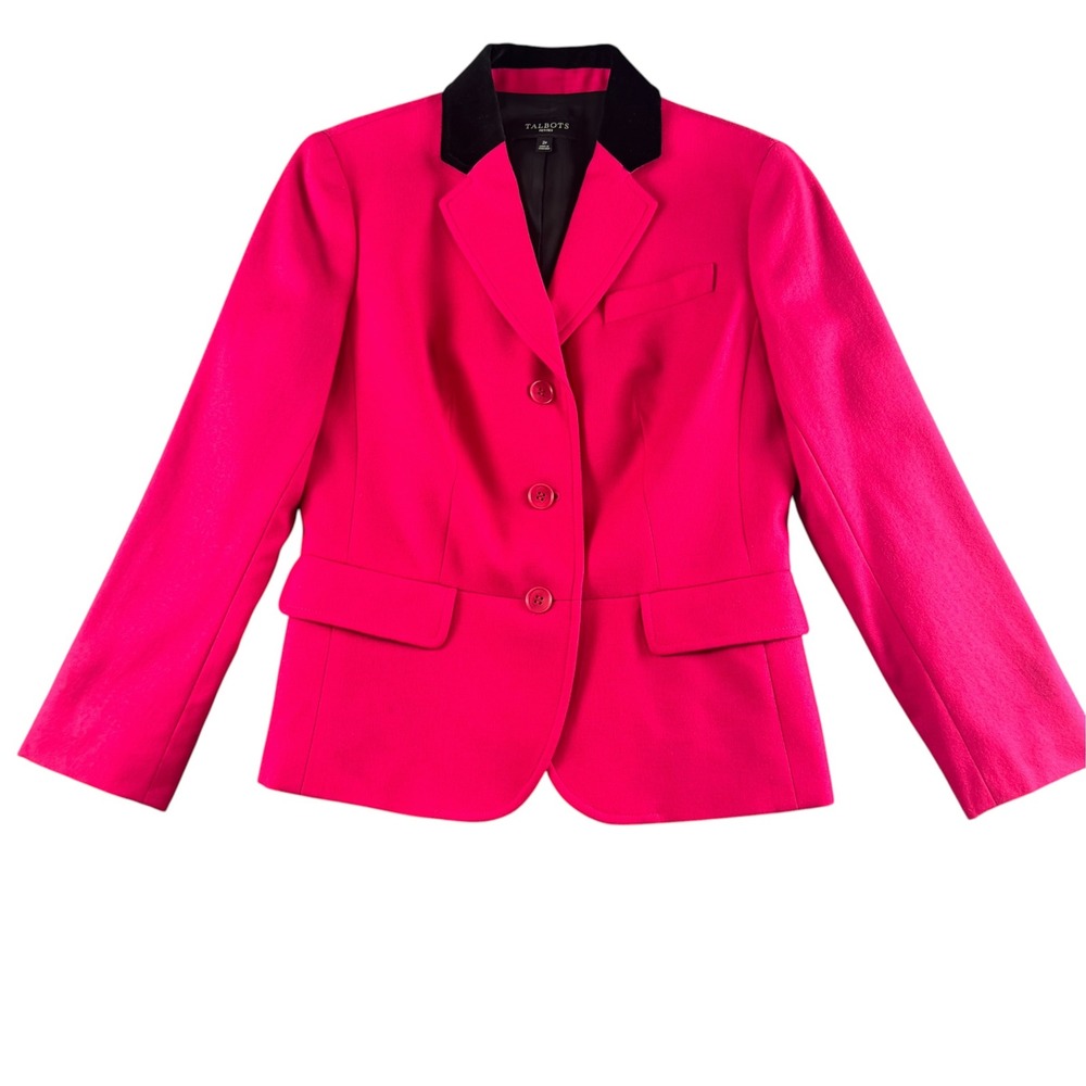Talbots Petites Pink Wool Blend Blazer Black Velvet Collar 2P 3-Button Jacket